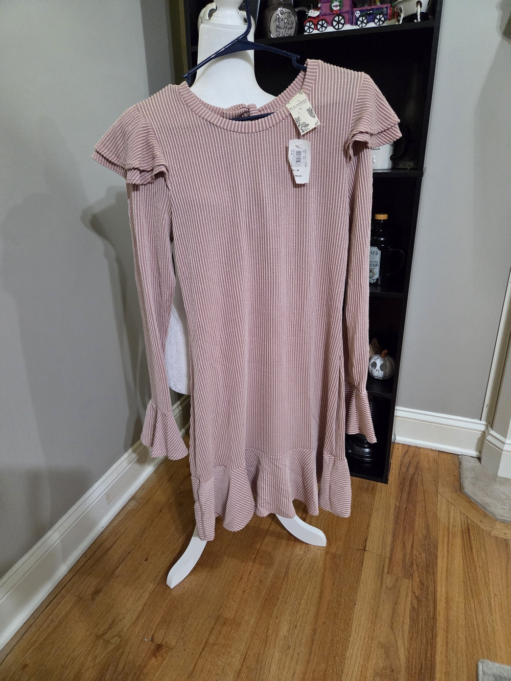 Blu Pepper Dusty Pink Ribbed Long-Sleeve Ruffle Hem Dress Jrs.